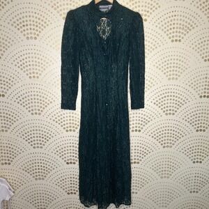 90s Green Sheer Lace Keyhole Maxi Dress Witchy Corset Back SMALL MINT